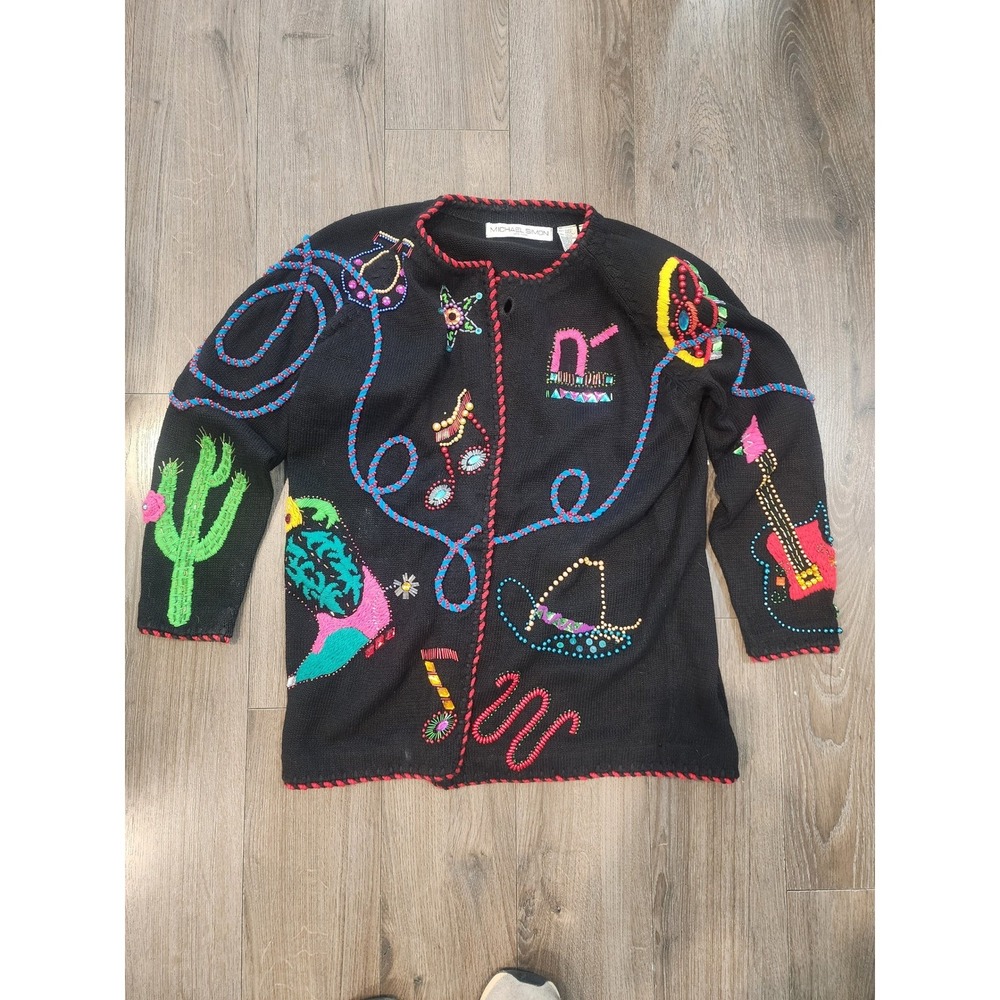 Vintage 90s Michael Simon Western Cardigan Sweater Beaded Cowboy Boots Cactus 2 - Picture 5 of 8